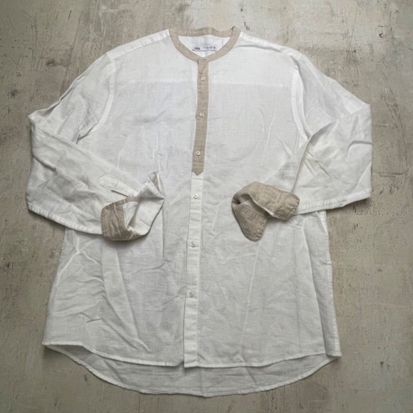 ZARA White 100% Linen Women's Henley Style Shirt with Tan Banding Size L - Picture 1 of 4